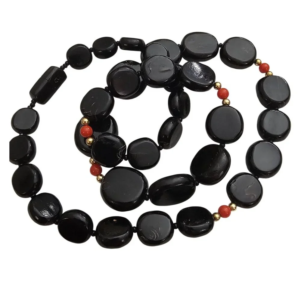 Black Coral Gold Filled Bead Necklace Graduated Strand Screw Barrel Clasp J460 - Picture 3 of 12